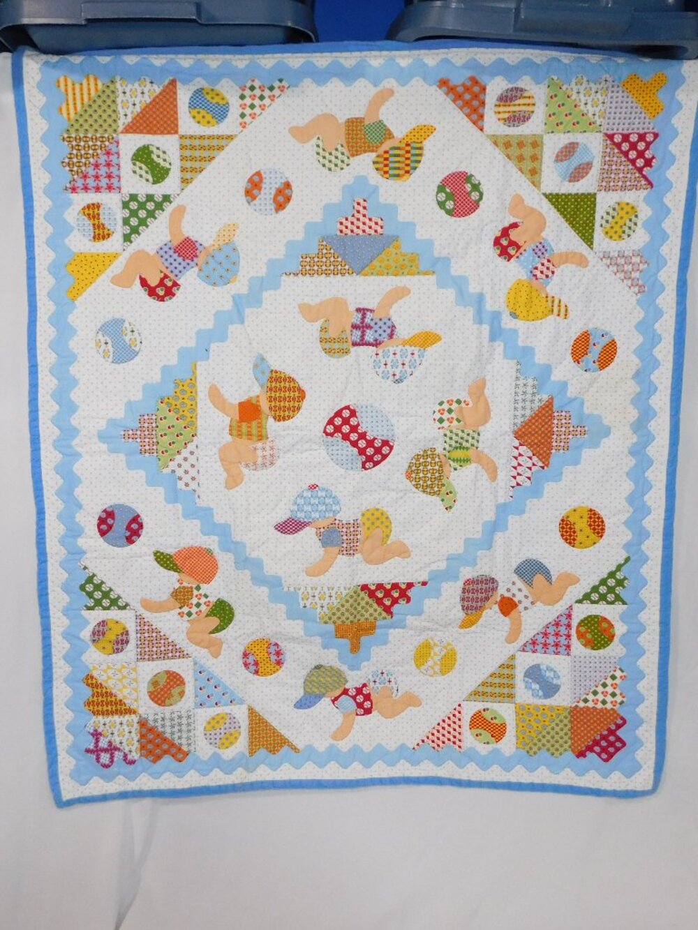 Handmade Crawling baby Boy baseball hat Baseballs crib quilt 35" x 40" patchwork